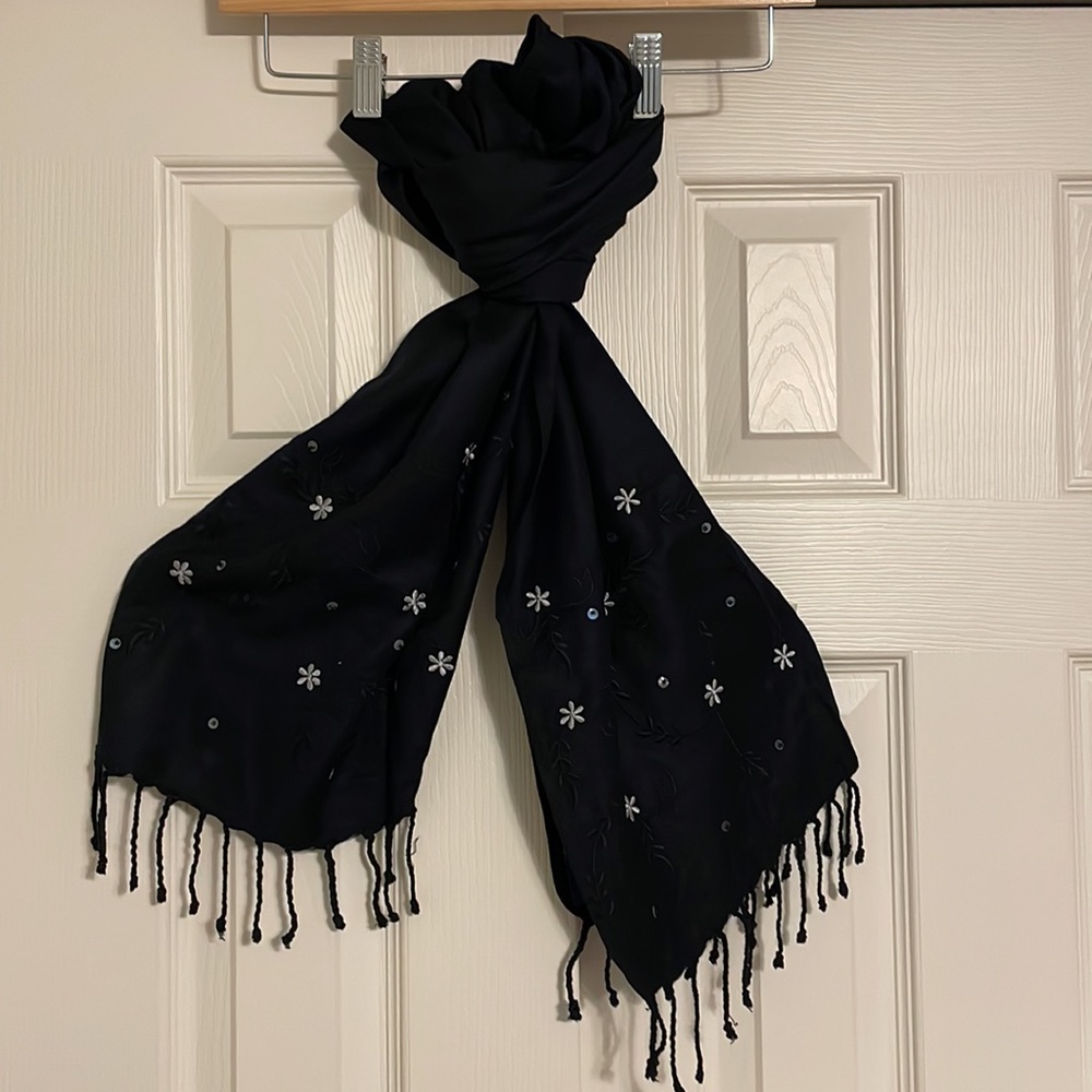 Liz Claiborne Co Crazy Horse black scarf with delicate white flowers.